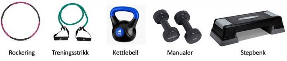Forskjellige apparater: rockering, treningsstrikk, kettlebell, manualer, stepbenk